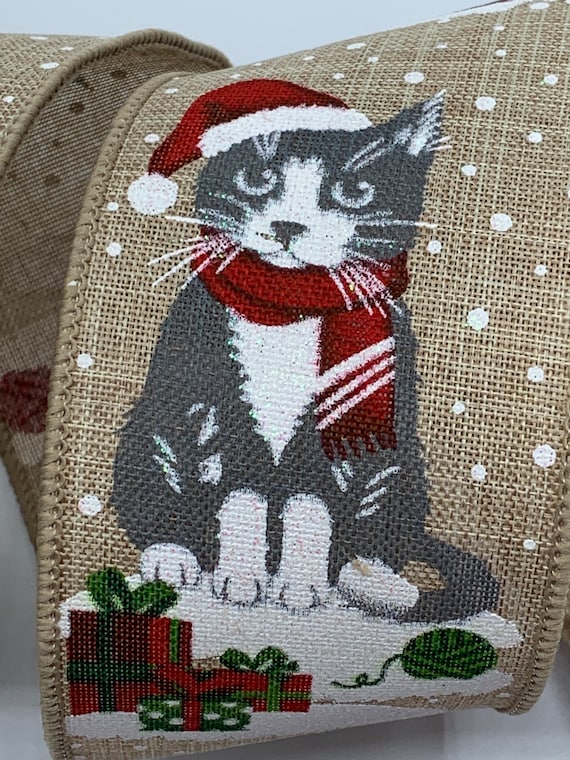 2.5 Gray White Christmas Cat Ribbon Natural Linen Glittered Wired 
