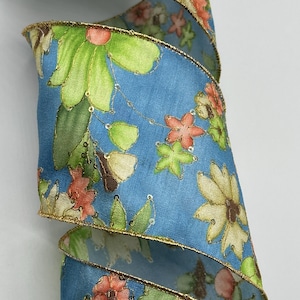 4&quot; Blue Dupion Ribbon ~ Green Peach Brown  ~ Sequins ~ Wired Edges ~ d stevens ~ 5 Yard Roll