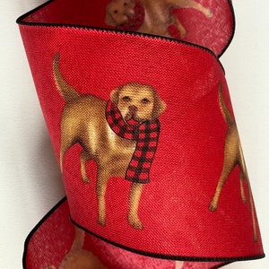 4" Brown Retriever Dog on Red Linen Ribbon ~ Wired Edges ~ d stevens ~ 10 Yard Roll