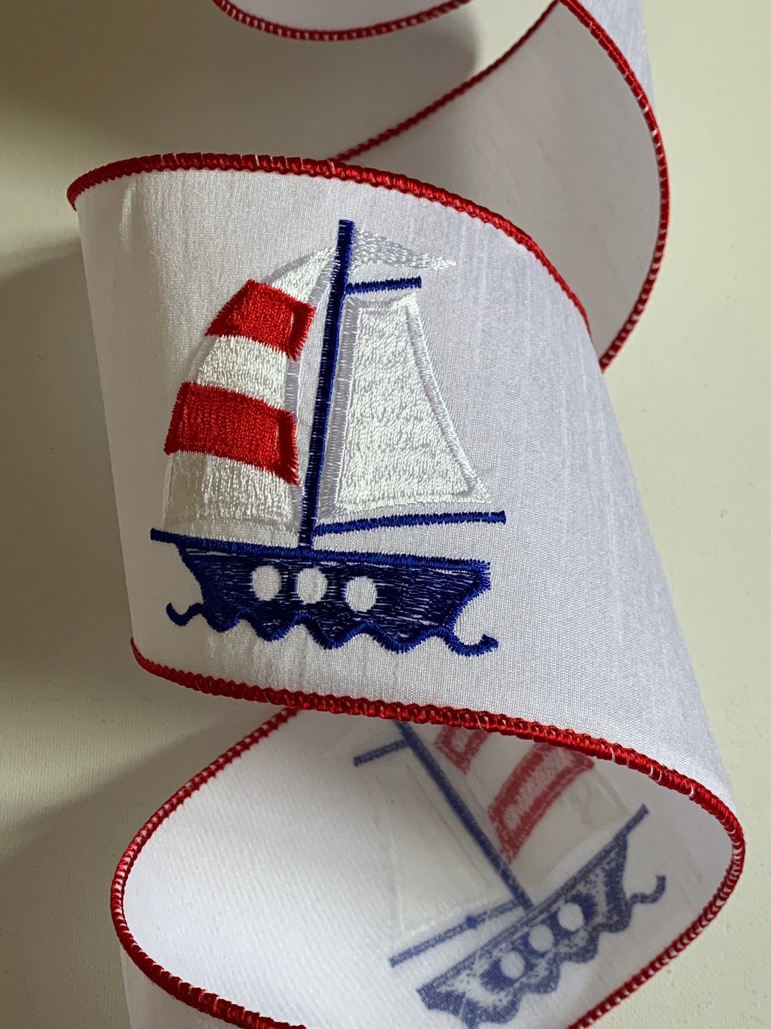 4 Embroidered Sail Boat Ribbon Red White and Blue Etsy