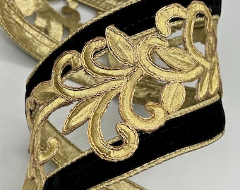 4" Black Velvet Ribbon ~ Gold Embroidered Center ~ Wired Edges ~ Farrisilk ~ 5 Yard Roll