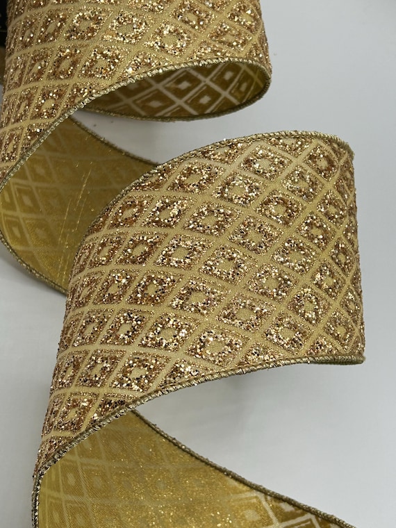 1" or 4" Gold Glittered Diamond Ribbon ~ Wired Edges ~ Farrisilk ~ 10 Yard Roll