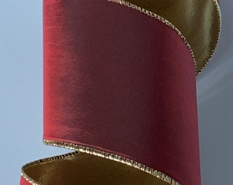 1" 2.5" or 4" Burgundy Taffeta Ribbon ~ Metallic Gold Back ~ d stevens ~ Wired Edges ~ 10 Yard Roll