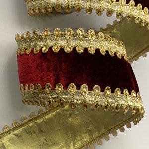 4" Burgundy Velvet Ribbon ~ Gold Embroidered and Jeweled Trim ~ Wired Edges ~ Gold Back ~ d stevens ~ 10 Yard Roll