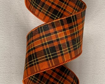 Cinta de otoño para Halloween de 6,35 cm (2,5") ~ Cuadros ~ Naranja, negro y amarillo ~ Bordes con alambre ~ 9 metros (10 yardas)