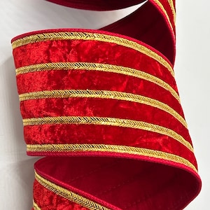 1.5&quot; or 4&quot; Red Velvet Ribbon ~ Gold Metallic Stripes ~ Wired Edges ~ Farrisilk ~5 Yard Roll
