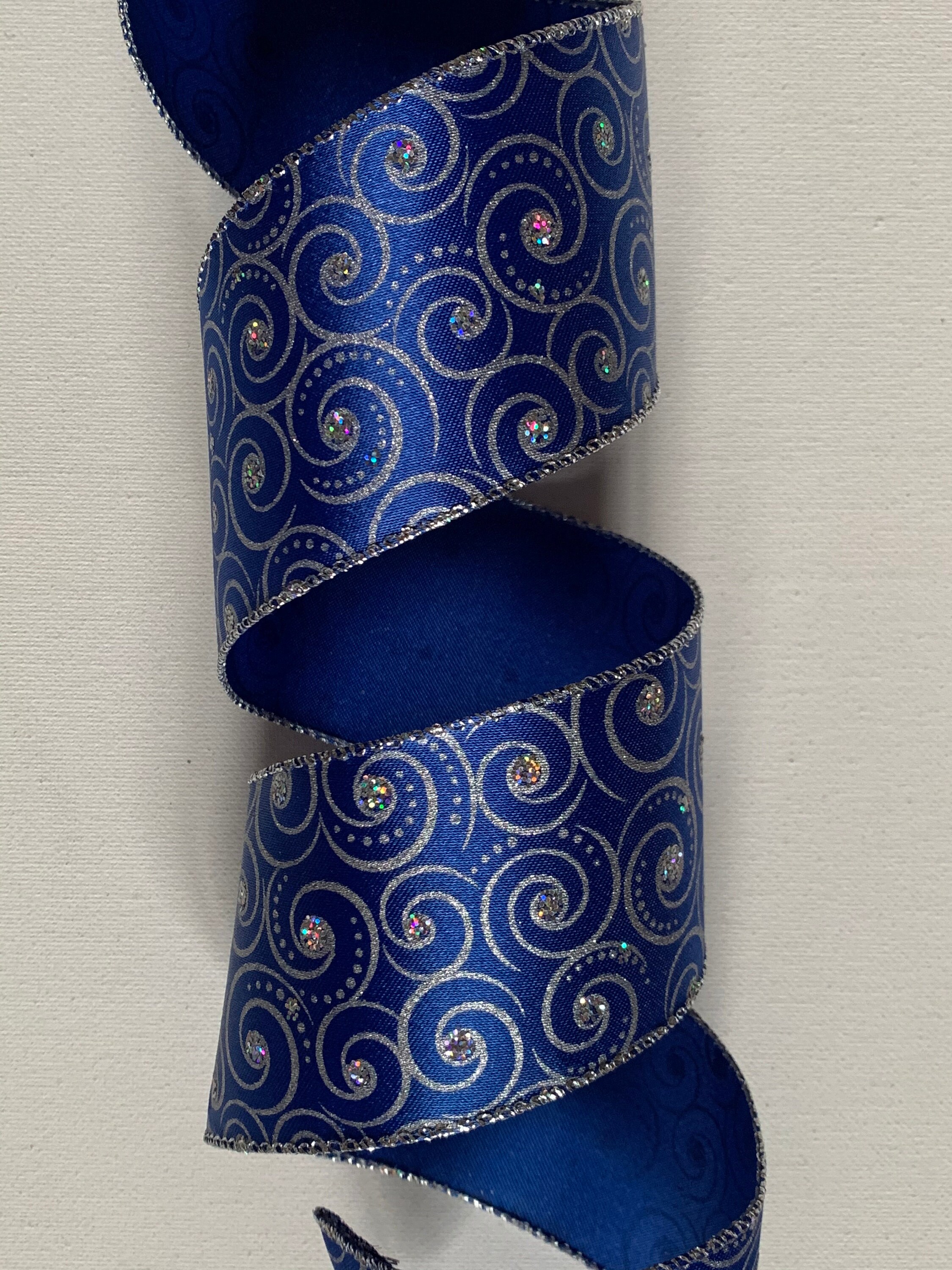 2.5 Royal Blue Ribbon Silver Swirls Dots Glittered Etsy