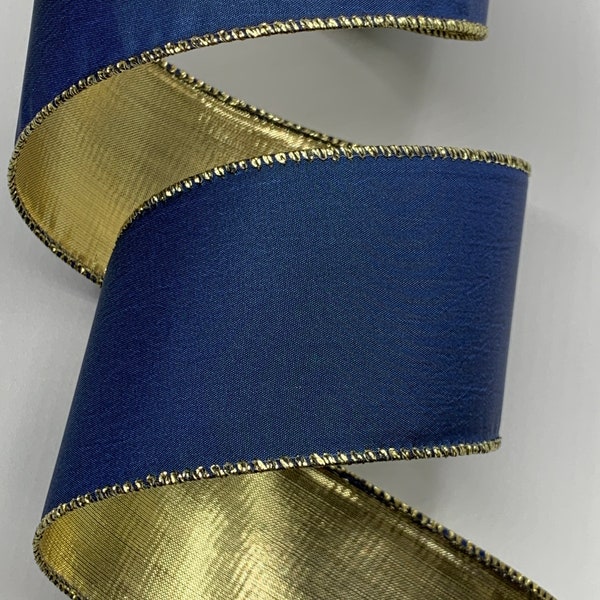 1" 2.5" or 4" Navy Blue Taffeta Ribbon ~ Navy Taffeta with Metallic Gold Back ~ d stevens ~ Wired Edges ~ 10 Yard Roll