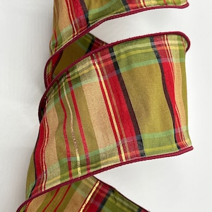 2.5&quot; or 4&quot; Green Cranberry Red Gold Plaid Ribbon ~ Wired Edges ~ 10 Yard Roll