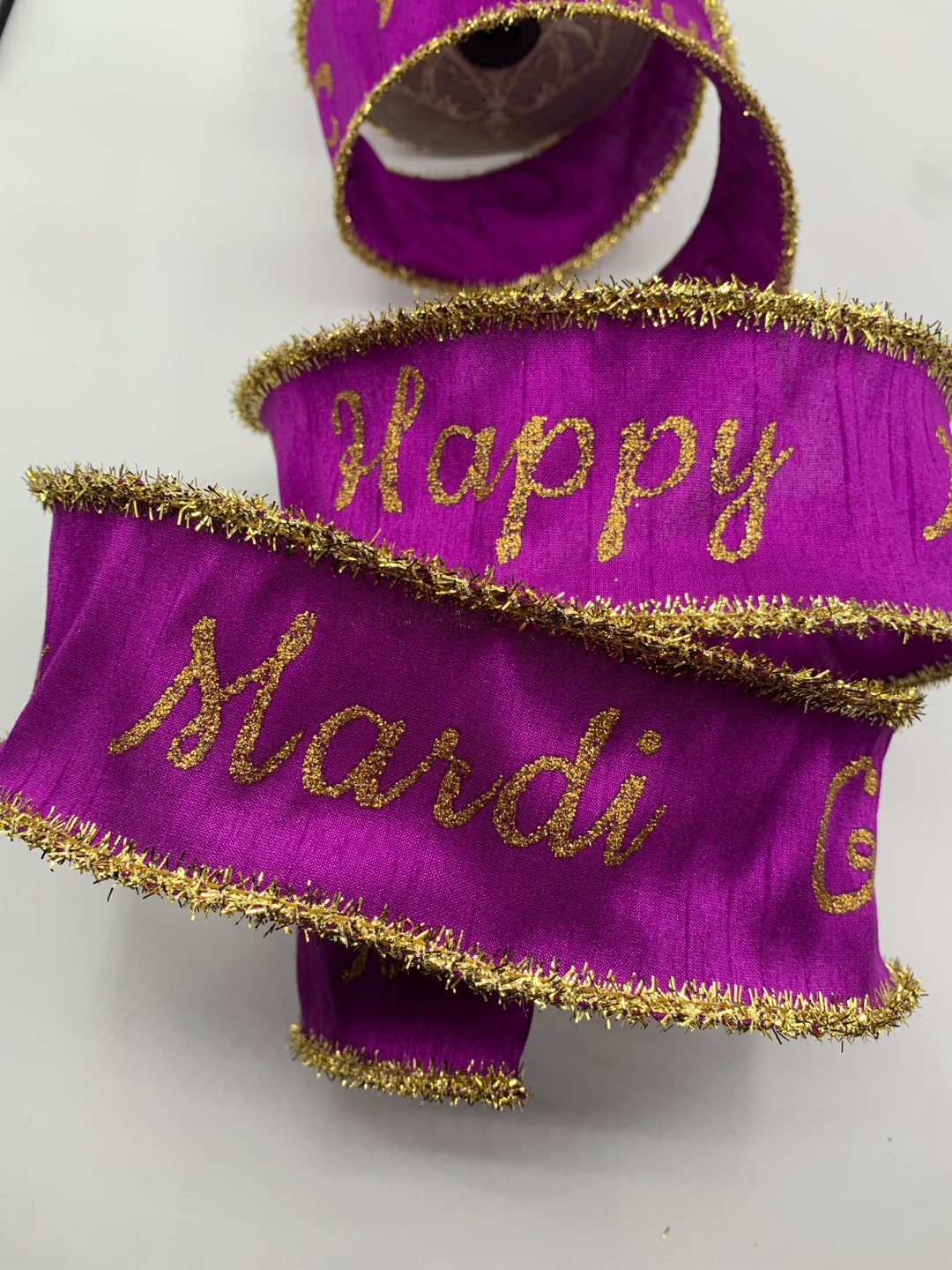 2.5 Happy Mardi Gras Ribbon Gold Glittered Letters Purple Dupion Ribbon