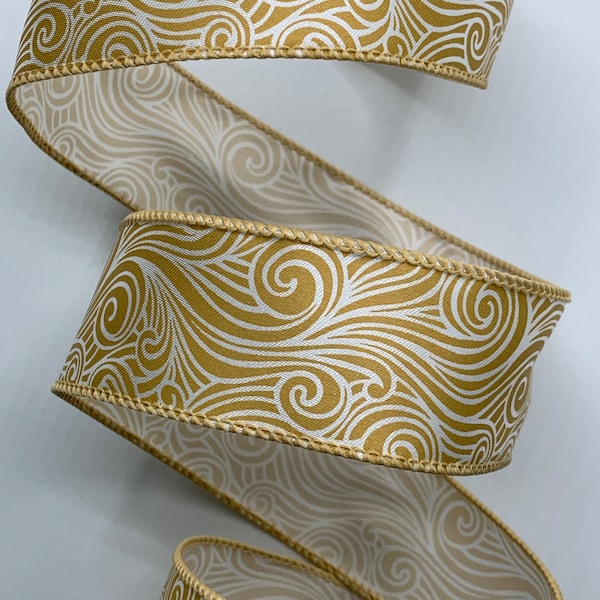 1.5" Gold and White Ribbon ~ Swirls~ Wired Edges ~ 25 Yard Roll