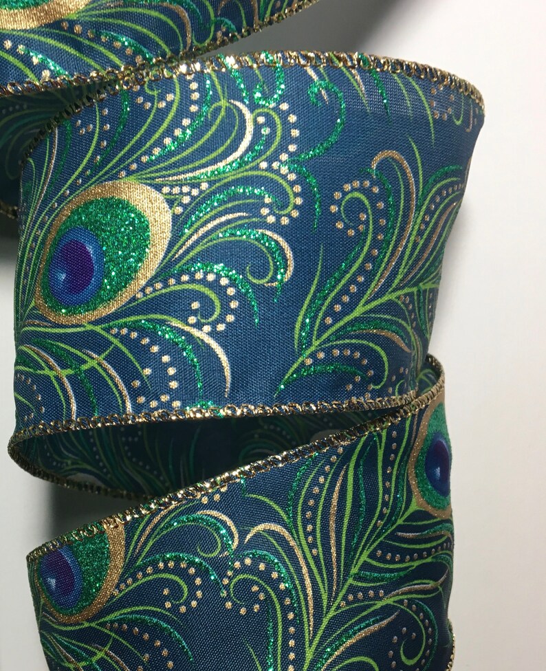 2.5 Wide Teal Blue Peacock Ribbon 10 Yards Wired Etsy