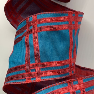 4&quot; Red Sequin Embroidery on Blue Dupion Ribbon ~ d stevens ~ Wired Edges ~ 10 Yard Roll