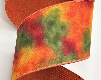 2.5" or 4" Fall Watercolor ribbon ~ Fall Ribbon ~ Farrisilk ~ Orange Green Red ~ Wired Edges ~ 10 Yard Roll