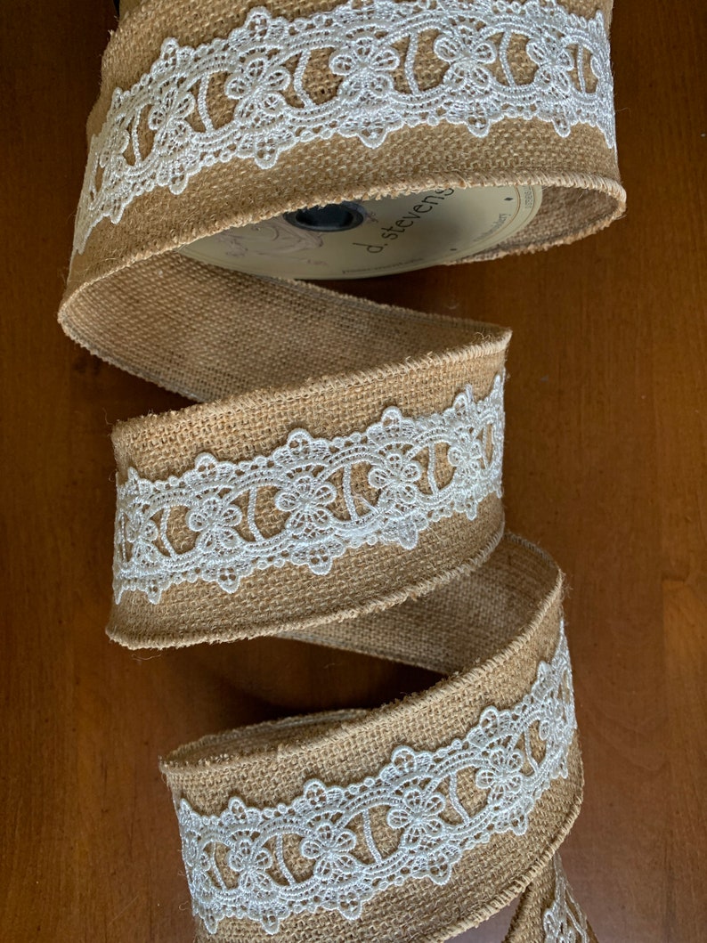 2.5 Natural Burlap Ribbon Eyelet Lace Wired Edges d stevens 10 Yard Roll Bild 2