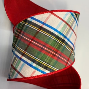 4" Diagonal Plaid Ribbon ~ Multi Color ~ Red Dupion Back ~ Wired Edges ~ Farrisilk ~ Designer Ribbon ~ 10 Yard Roll