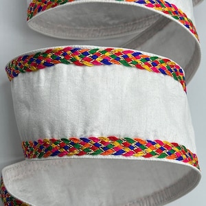 4&quot; White Ribbon ~ Multi Color Braided Mosaic Border ~ Wired Edges ~ Farrisilk ~ 10 Yard Roll