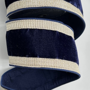 4&quot; Navy Blue Velvet Ribbon ~ Platinum Pleated Borders ~ Navy Back ~ Wired Edges ~ Farrisilk ~ 10 Yard Roll