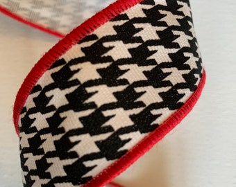 1 3/8" Cotton Houndstooth Ribbon Black White Red Wired Edges 10 Yards