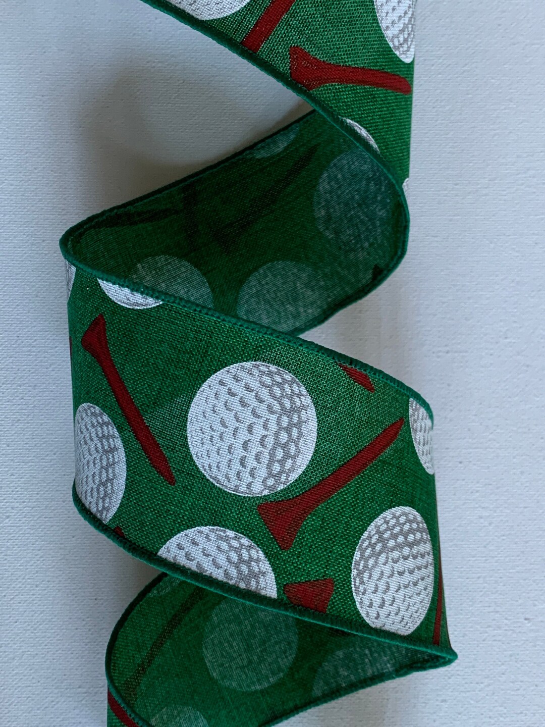 2.5 Golf Ribbon Golfers Ribbon Golf Balls and Tees Green Wired Ribbon