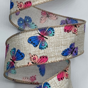 1.5&quot; Colorful Butterflies ~ Natural Color Ribbon ~ Wired Edges ~ 10 Yards Cut