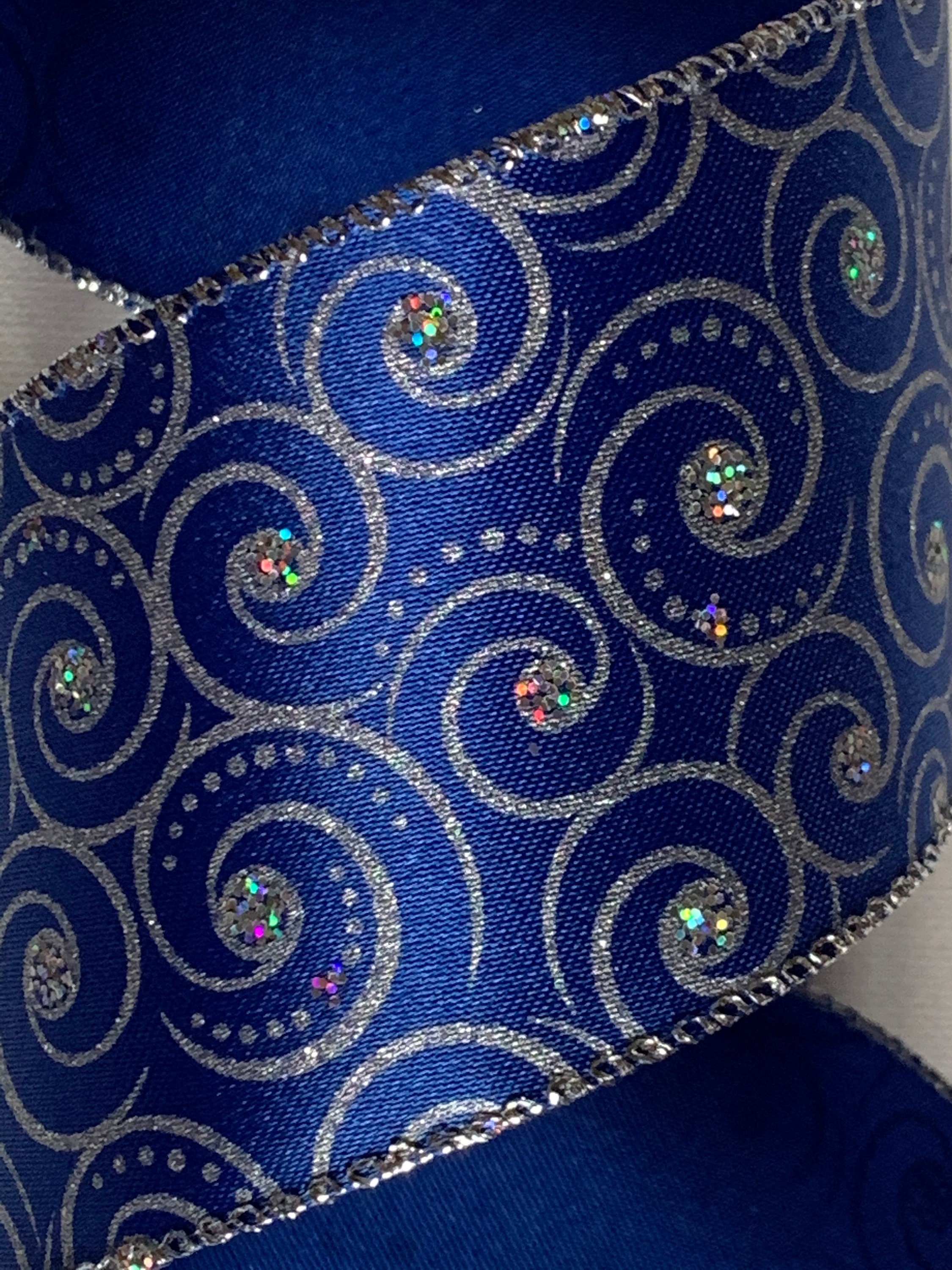 2.5 Royal Blue Ribbon Silver Swirls Dots Glittered Etsy