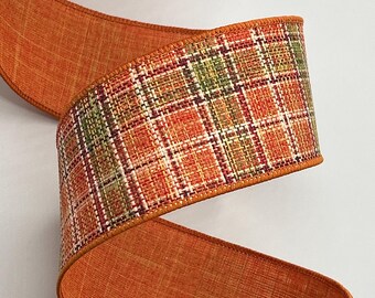 2.5" Autumn Tweed Ribbon ~ Orange Green Copper ~ Wired Edges ~ Farrisilk ~ 10 Yard Roll