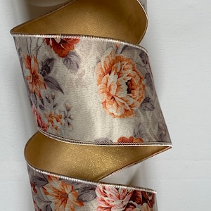 4&quot; Taupe Floral Ribbon ~ Taupe Gray Coral Rust Cream ~ Wired Ribbon ~ 10 Yard Roll