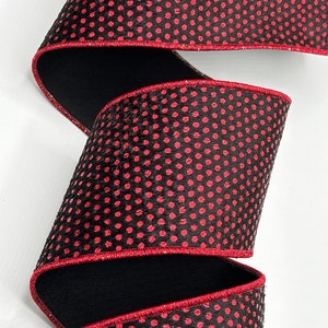 4&quot; Black Plush Ribbon ~ Red Metallic Dots ~ Wired Edges ~ d stevens ~ 10 Yard Roll