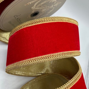 4&quot; Red Velvet Ribbon ~ Braided Gold Trim ~ Wired Edges ~ d stevens ~ 10 Yard Roll