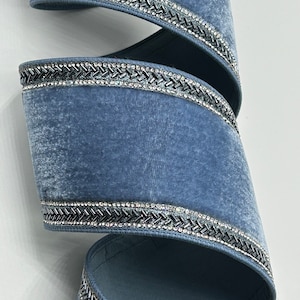 4&quot; Steel Blue Velvet Ribbon ~ Baguette Borders ~ Steel Blue Back ~ Wired Edges ~ Farrisilk ~ 5 Yard Roll