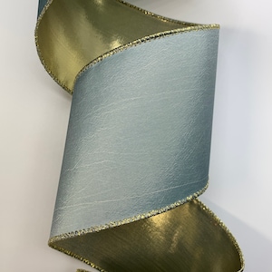 2.5&quot; or 4&quot; Light Blue Taffeta Ribbon ~ Silver Blue Taffeta with Metallic Gold Back ~ d stevens ~ Wired Edges ~ 10 Yard Roll