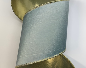 2.5" or 4" Light Blue Taffeta Ribbon ~ Silver Blue Taffeta with Metallic Gold Back ~ d stevens ~ Wired Edges ~ 10 Yard Roll