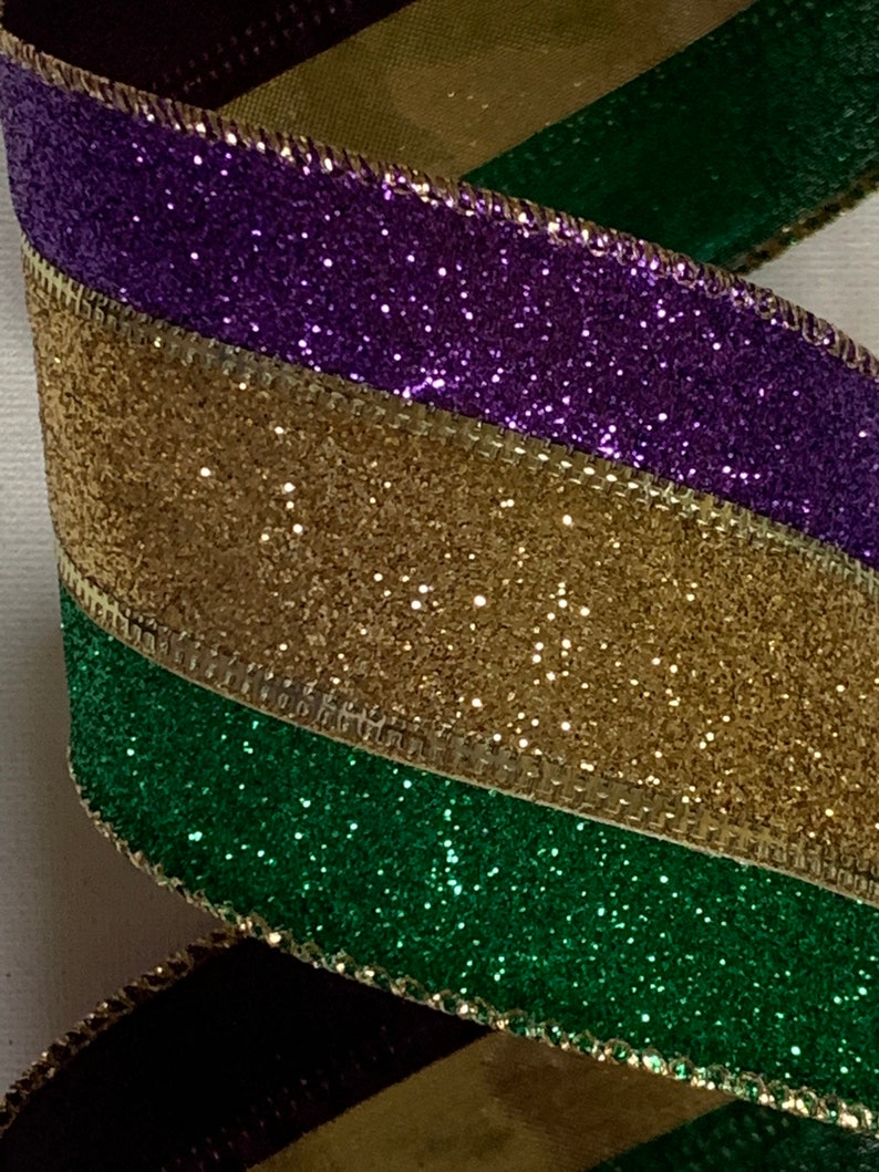 2.5 Purple Green /& Gold Glittered Ribbon ~ Mardi Gras ~ Stripes ~ Glitz ~ 10 Yard Roll
