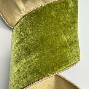 1&quot; 2.5&quot; or 4&quot; Grass Green Velvet Ribbon ~ Metallic Gold Back ~ Wired Edges ~ 5 Yard Roll