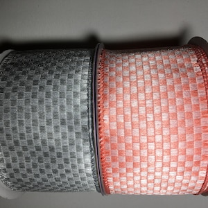 2.5&quot; Woven Checked Checkered Ribbon  Coral or Silver  Wired Edges  Sold by the 10 Yard Spool