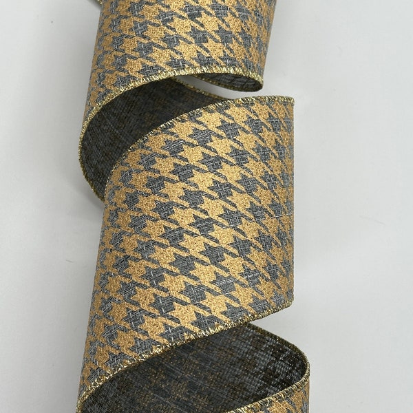 4” Gold & Gray Metallic Houndstooth Ribbon ~ Wired Edges ~ d stevens ~ 10 Yard Roll