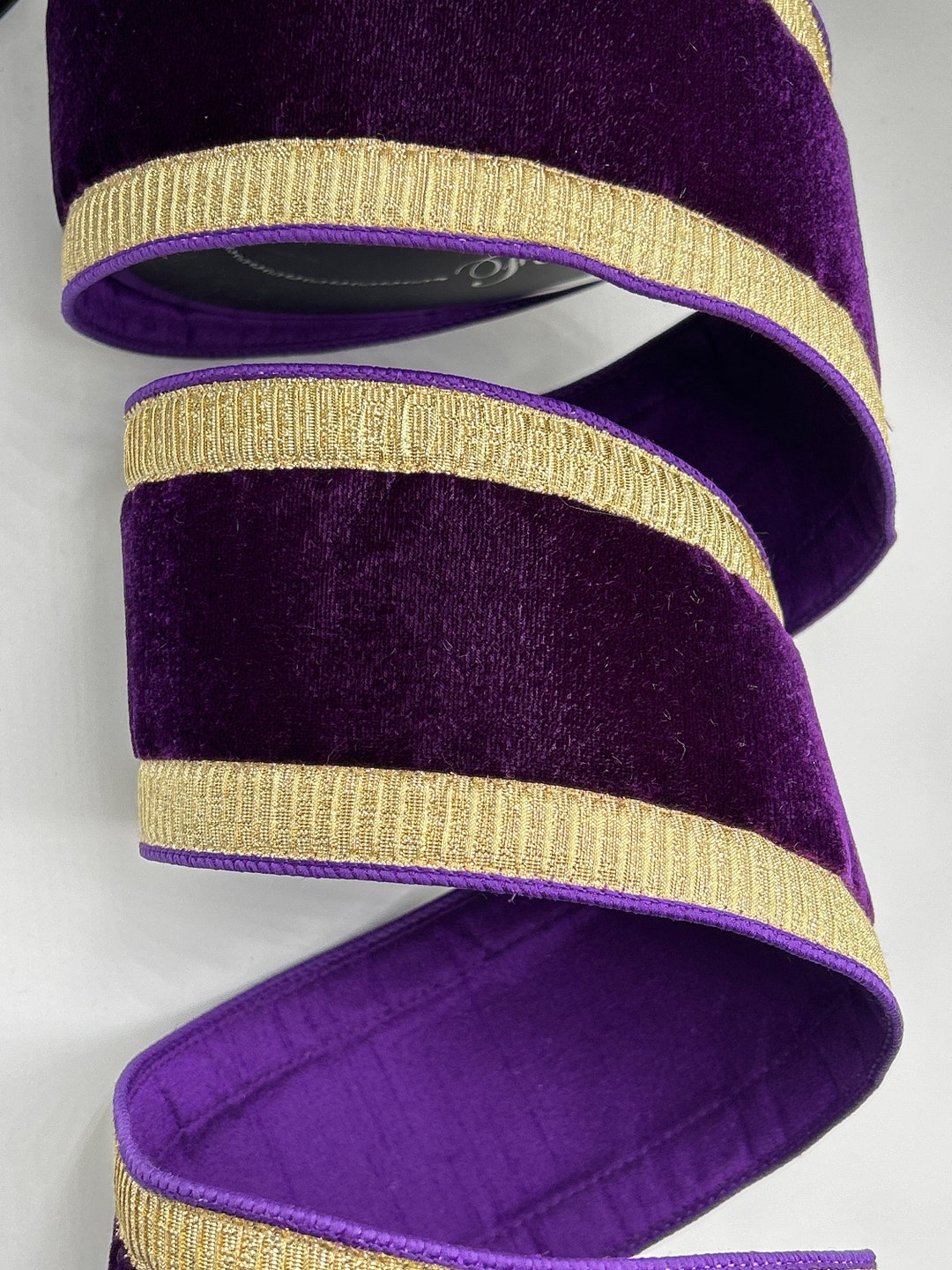 4 Purple Velvet Ribbon Gold Pleated Borders Purple Back Wired Edges