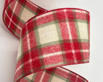 Farrisilk 4 X 10 YD Tan/Red Tartan Plaid Wired Ribbon with Jewel