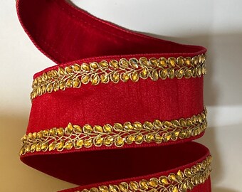2.5" Red Dupioni Faux Silk Ribbon ~ Crystal Vine Borders ~ Designer Ribbon ~ Wired Edges ~ 5 Yard Roll