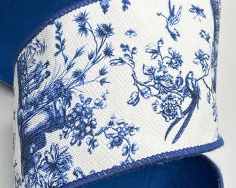 4" Blue White Chinoiserie Ribbon ~ Blue Back ~ Wired Edges ~ 5 Yard Roll