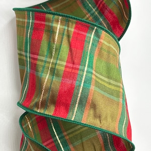 4&quot; Verde Plaid Ribbon ~ Green Red Metallic Gold ~ Wired Edges ~ 10 Yard Roll