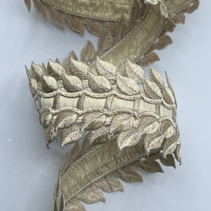 2.5&quot; Metallic Champagne Gold Ribbon ~ Embroidered Leaves ~ Wired ~ d stevens ~ 5 Yard Roll
