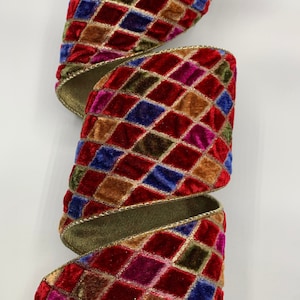 2.5&quot; or 4&quot; Diamond Velvet Ribbon ~ Jewel Tones ~ Red Blue Green Gold ~ Gold Back ~ Wired Edges ~ By The Roll