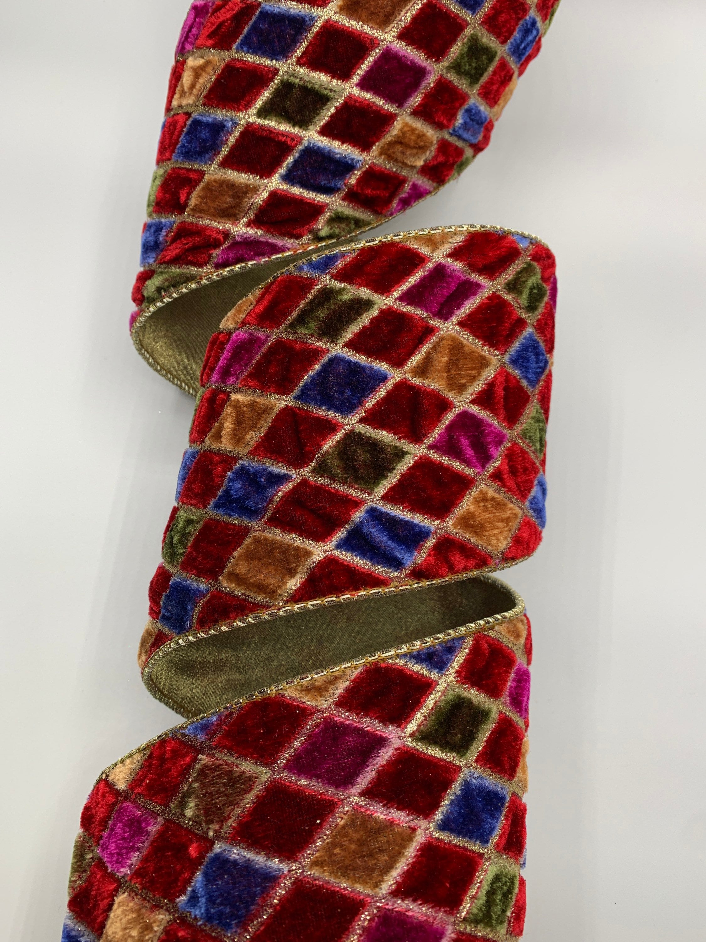 2.5" or 4" Diamond Velvet Ribbon ~ Jewel Tones ~ Red Blue Green Gold ~ Gold Back ~ Wired Edges ~ By The Roll