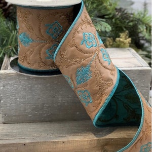 4" Faux Leather Ribbon ~ Turquoise and Copper Embroidery ~ Wired Edges ~ Designer Ribbon ~ 5 Yards