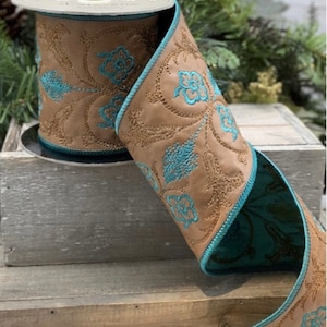 4" Faux Leather Ribbon ~ Turquoise and Copper Embroidery ~ Wired Edges ~ Designer Ribbon ~ 5 Yards