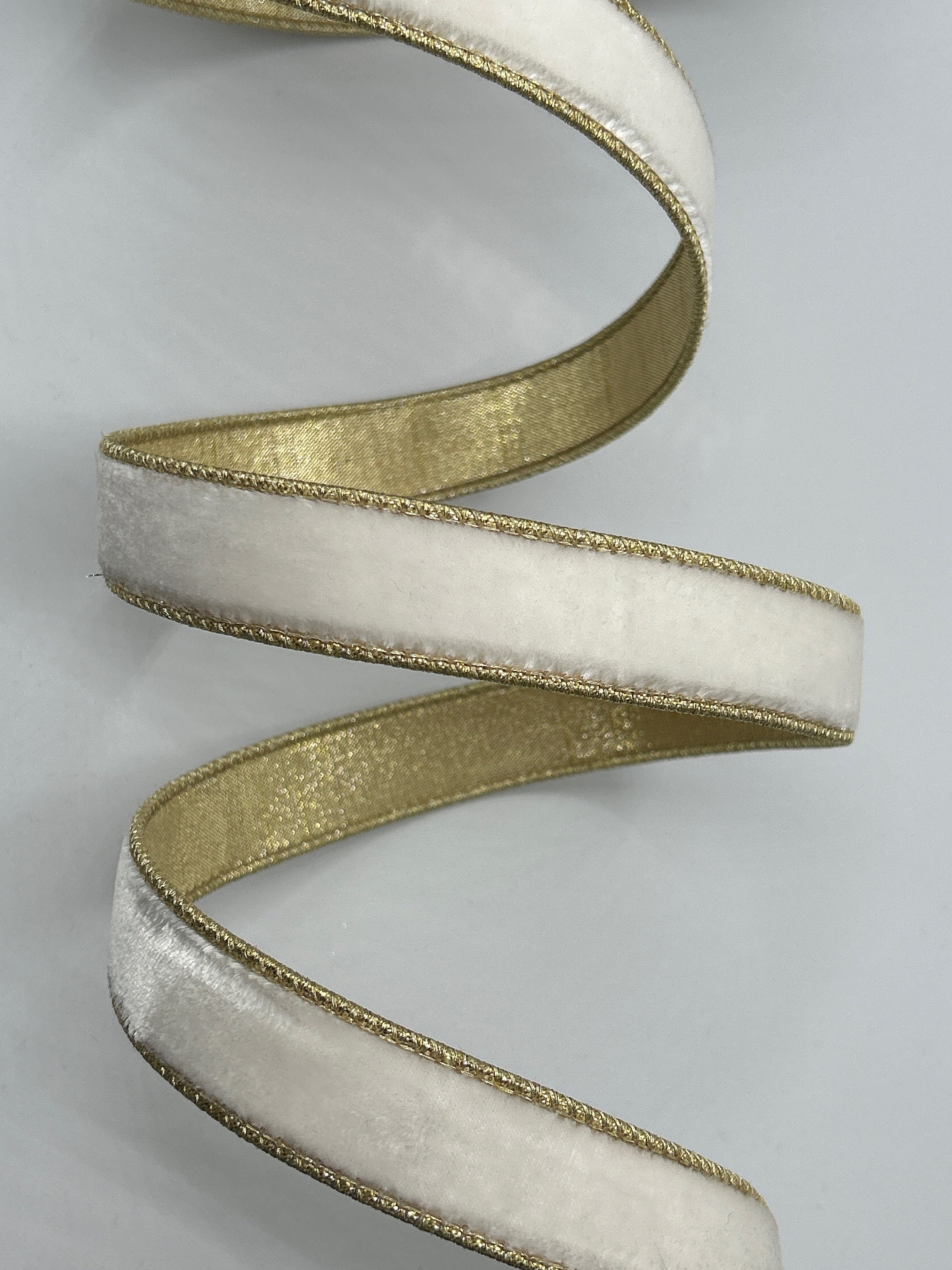 Winter White & Gold Velvet Ribbon - 2.5 inch