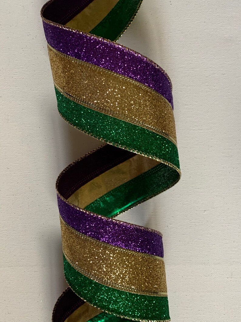 2.5 Purple Green /& Gold Glittered Ribbon ~ Mardi Gras ~ Stripes ~ Glitz ~ 10 Yard Roll
