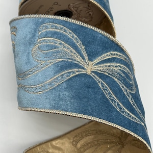 4&quot; Dusty Blue Velvet Ribbon ~ Gold Embroidered Bows ~ Gold Back ~ Wired Edges ~ d stevens ~ 5 Yard Roll